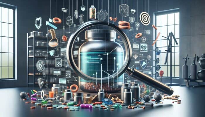 Graph illustrating 150% sales increase for fitness supplement retailer due to SEO strategies, with fitness equipment and supplements.