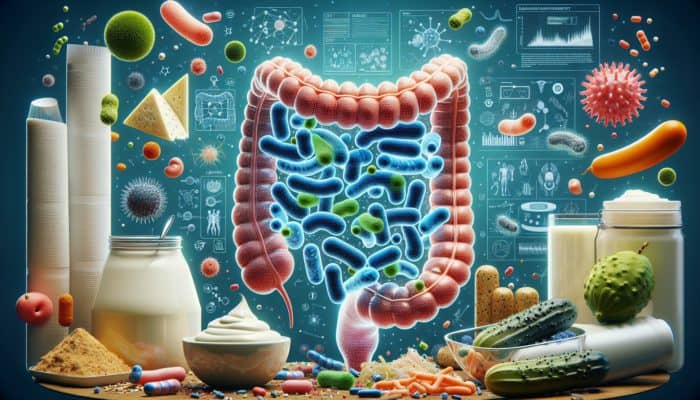 Probiotic Supplements for Gut Health: Illustration of a healthy gut microbiome with colourful beneficial bacteria, yogurt, and sauerkraut.