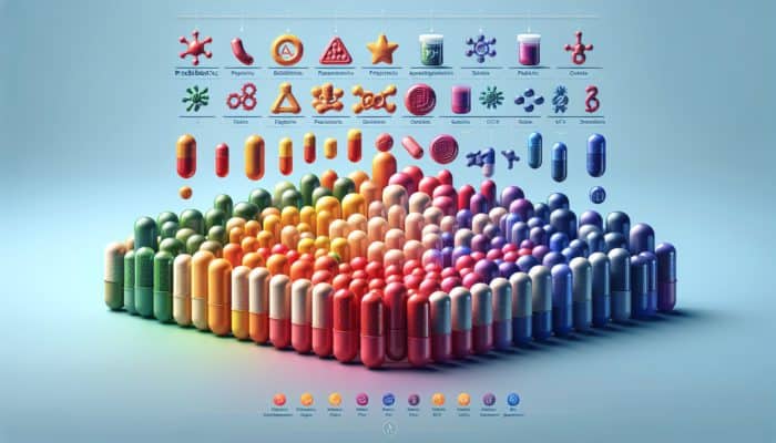 Colourful probiotic capsules with CFU counts and strain names in a lab setting.
