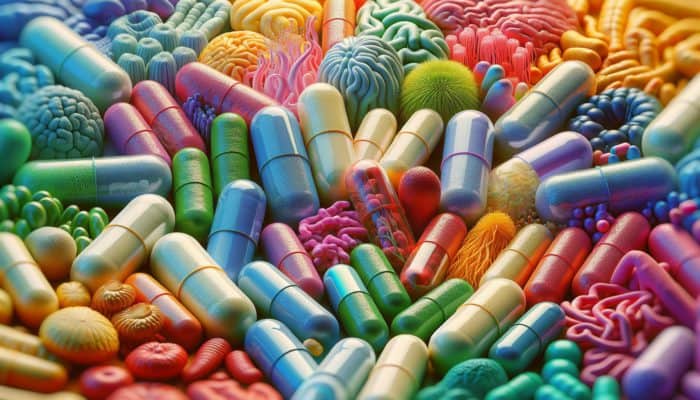 Colourful probiotic capsules labelled with strains like Lactobacillus and Bifidobacterium on a health-themed background with gut illustrations.