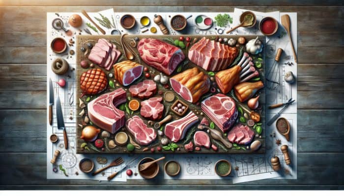 An array of labeled pork cuts on a rustic kitchen table, surrounded by cooking utensils and herbs.