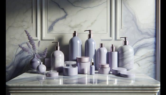 Array of lavender products on a marble countertop: essential oil, facial cleanser, toner, night cream.