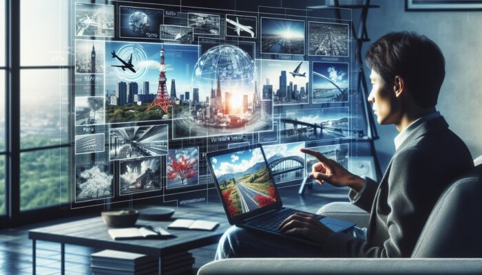 Individual using a laptop to book a car rental, showcasing a montage of scenes from Tokyo, Paris, and the USA on the screen.