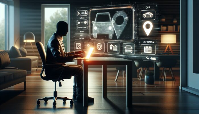 Individual using a laptop to search for car rentals online in a contemporary home office.