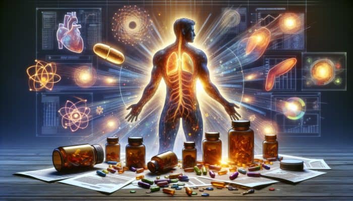 Person with chronic health issues and organ damage surrounded by discarded substandard supplement bottles.