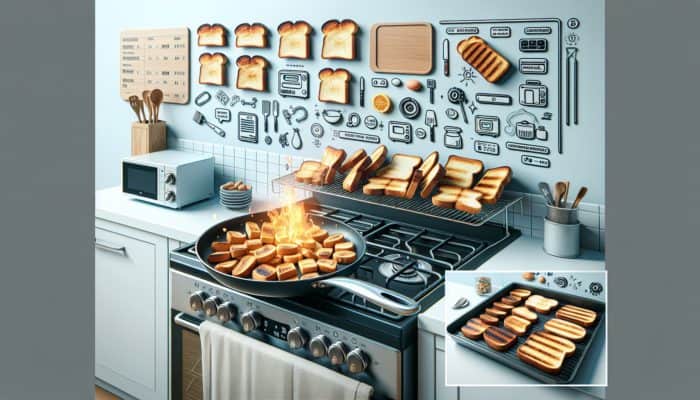 How to Make Toast Without a Toaster: A kitchen scene showing bread toasting methods: frying pan, oven, and grill.