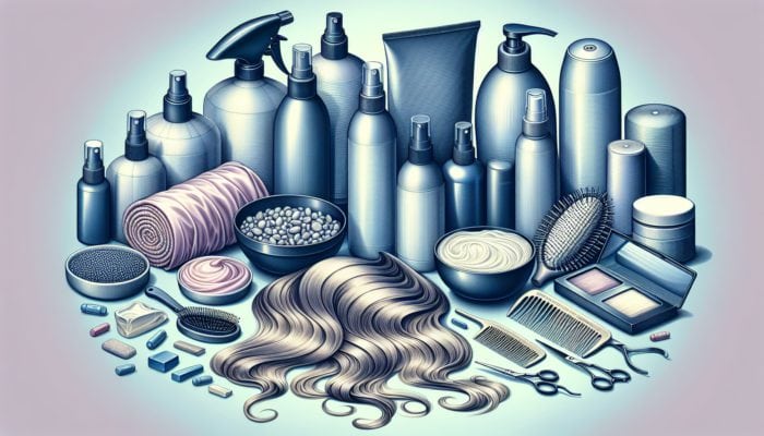 Illustration of hair repair products and techniques on a cool-toned background.