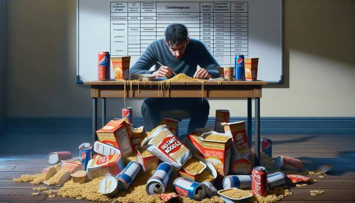 A tired UK worker amidst desk clutter of instant noodles, fast food, and energy drinks, struggling with nutrition due to long hours.