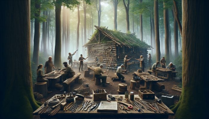 Experts demonstrating DIY survival traps in a rustic forest workshop.