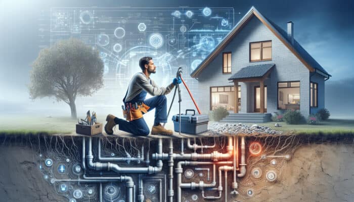 A professional plumber inspecting a home's drainage system with advanced tools in a suburban setting.