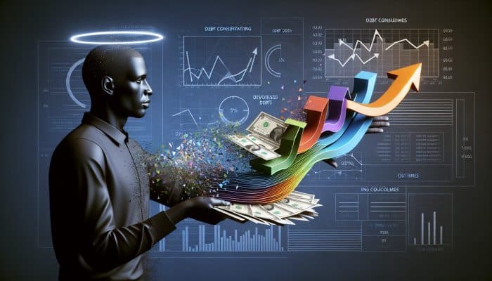 Debt Consolidation Loans for Excellent Credit: UK Guide | DCL Debt Consolidation Loans for Excellent Credit: A person merging colourful debt papers into one silver loan document, with financial charts showing reduced interest rates and improved cash flow.