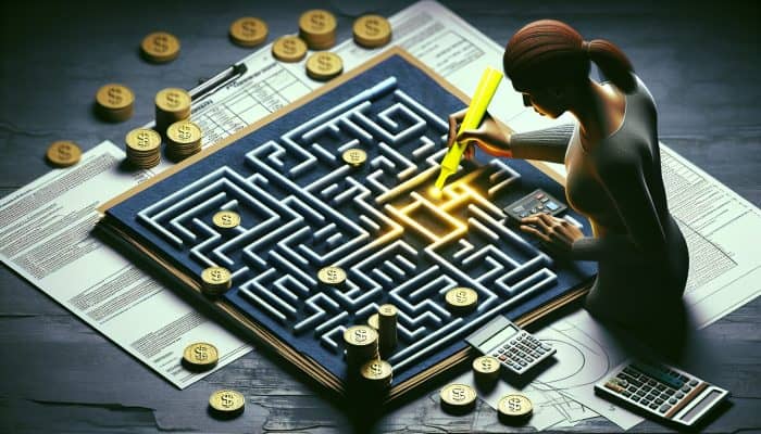 Debt Consolidation Loans for Excellent Credit: UK Guide | DCL Person reviewing financial document, highlighting sections, surrounded by coins and calculators on desk.