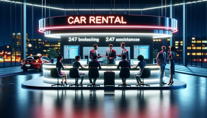 Modern car rental office at night with neon signs, experts discussing online bookings, 24/7 assistance desk lit up.