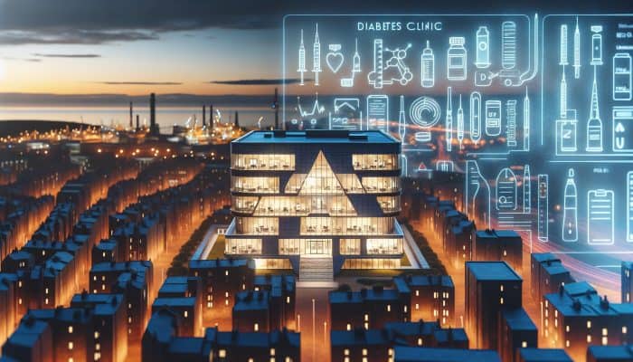 Aberdeen cityscape at dusk with a modern diabetes clinic, symbolising hope in diabetes care.