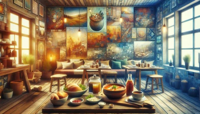 A cozy eatery with local art, serving traditional regional stew and fresh bread, embodying cultural heritage.