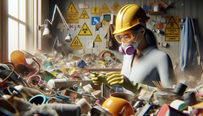 Person in protective gear assessing risks in a cluttered, hazardous house clearance environment.