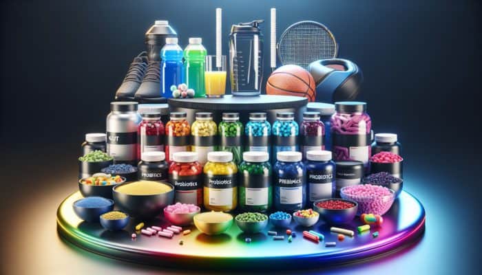 Gut health supplements including probiotics and prebiotics on a modern table, with athletic gear and sports drink.