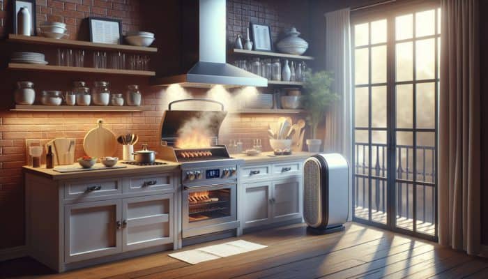 Indoor grilling with range hood, open windows, and air purifier for a comfortable kitchen environment.