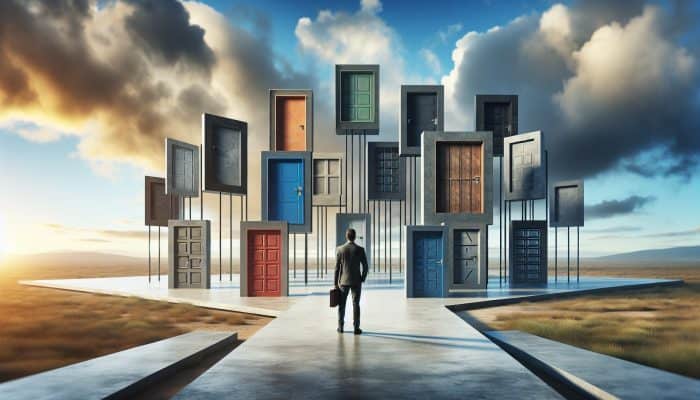 A person at a crossroads choosing between doors labeled with lender names, rates, and terms under a cloudy sky.