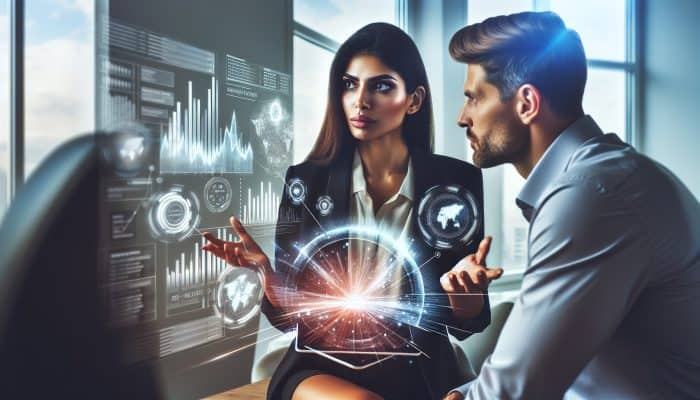 Person negotiating loan terms with lender in office, using market data and charts.