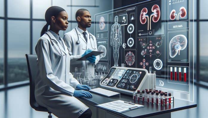 Detailed medical illustration of kidney blood testing in a modern Caterham lab with experts analyzing results.