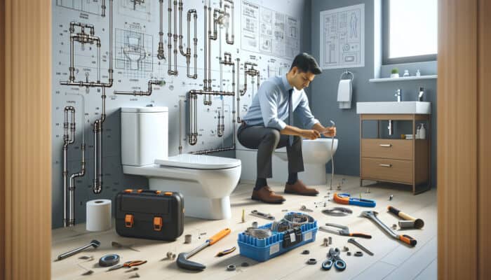 Visual representation of modern toilet installation in Langley home, highlighting plumbing, tools, and technician.
