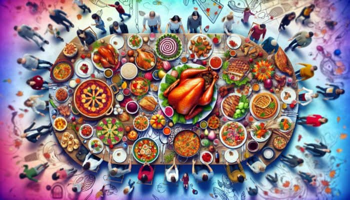 A festive table with diverse main courses including turkey, salmon, lasagna, and vegan stir-fry, surrounded by joyful guests.