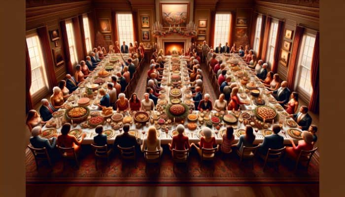 A festive table with various dishes, surrounded by a joyful family and friends in an elegantly decorated dining room.