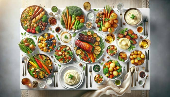 A festive table with dishes showing contrasting flavours and textures: sweet vegetables, savory meats, creamy potatoes, crispy carrots, warm and cool options.
