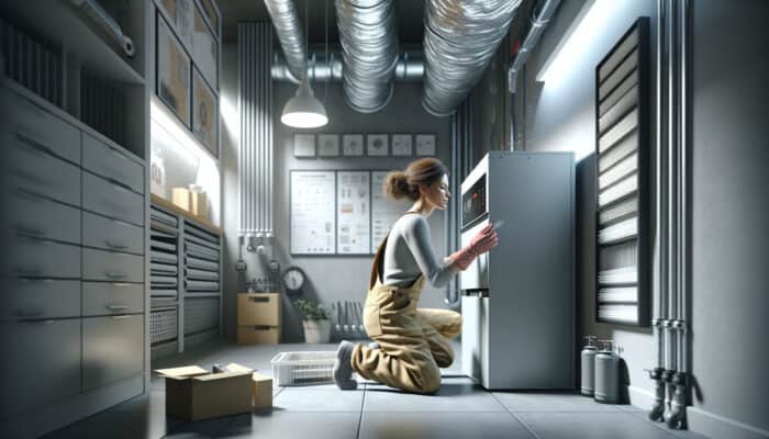A technician inspecting and maintaining a modern furnace in a utility room.
