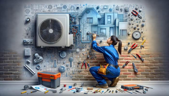 Air Conditioning Services in Mission: Technician installing modern air conditioning unit on brick wall in Mission, Canada.