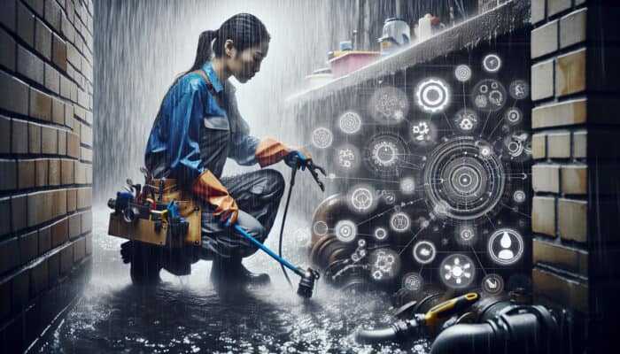 Drain Services in North Vancouver: Plumber in North Vancouver cleaning residential drain system during heavy rain to prevent clogs and backups.