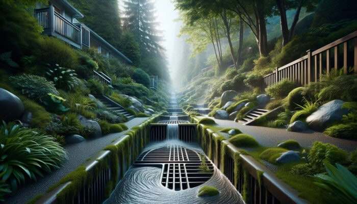 Outdoor Drainage Services in West Vancouver: A detailed view of an outdoor drainage system in West Vancouver managing heavy rainfall, ensuring safety and preventing flooding.