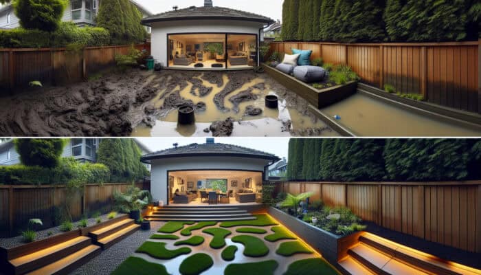 A backyard in West Vancouver transformed from waterlogged to dry and functional with effective drainage systems.