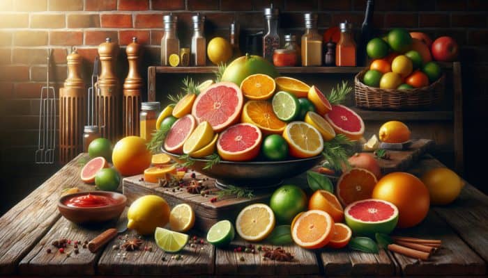 Sliced oranges, lemons, limes, and grapefruits on a rustic table with BBQ marinade and grilling tools, under summer sunlight.
