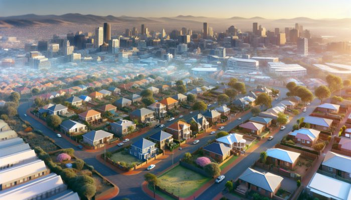 Aerial view of Kempton Park's diverse and affordable real estate, surrounded by Johannesburg and Pretoria.