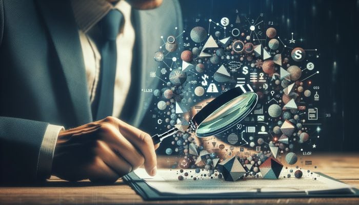 Key Elements in Lender's Terms: UK's Best | DCL Individual analysing financial document with magnifying glass, focusing on interest rates, repayment periods, and fees.