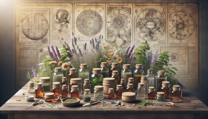 A rustic apothecary table with herbal salves in jars, fresh herbs, and ancient medicinal texts.