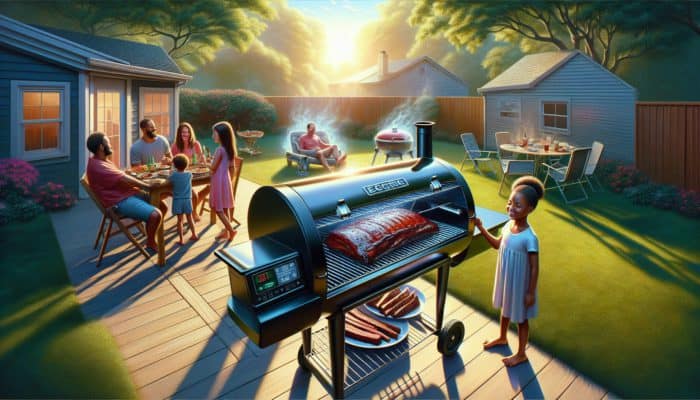 A sleek electric smoker on a sunny American backyard patio, smoking ribs and brisket, with a family enjoying the BBQ.
