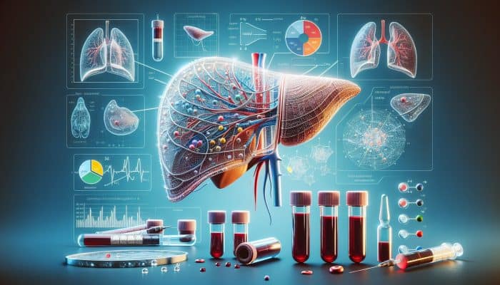 Advanced Liver Blood Test in Walton-on-Thames: A detailed medical illustration of a liver with labeled sections, vials of blood, and a chart of liver function test results in a clinical setting.