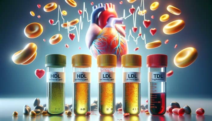 Cholesterol Blood Test in Oakham: Illustration of cholesterol blood test vials labelled HDL, LDL, triglycerides, with a heart background.