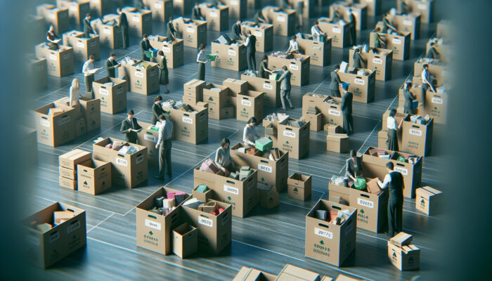 Professionals sorting personal items into labeled boxes, recycling, symbolising fresh start and emotional relief in a serene room during house clearance.
