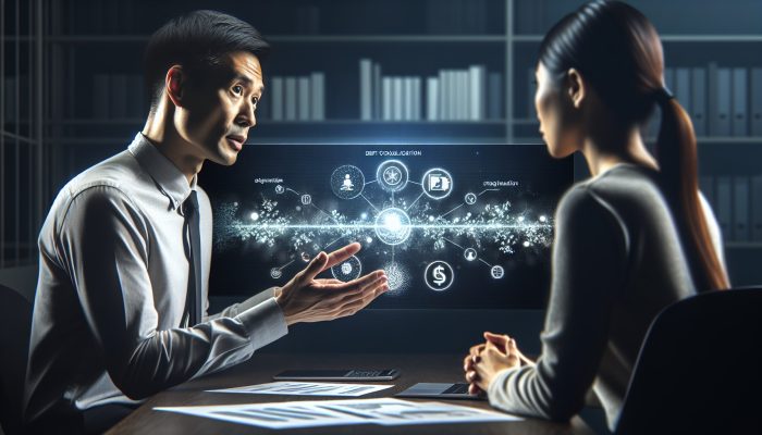 Financial advisor discussing debt consolidation strategies with client using digital charts in a modern office.