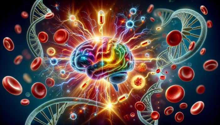 Vitamin B12 Blood Test in Ross-on-Wye: Illustration of Vitamin B12 molecules boosting nerve and red blood cells, with a glowing brain and DNA strands.