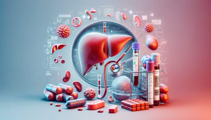 Liver Blood Test in Ashford: Illustration of liver blood test showing samples, enzymes, proteins, bile, diagnosing hepatitis, fatty liver, cirrhosis.