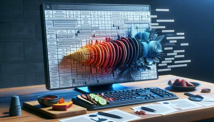 A spreadsheet on a computer screen showing categorised judges' feedback on BBQ entries with colour-coded cells.