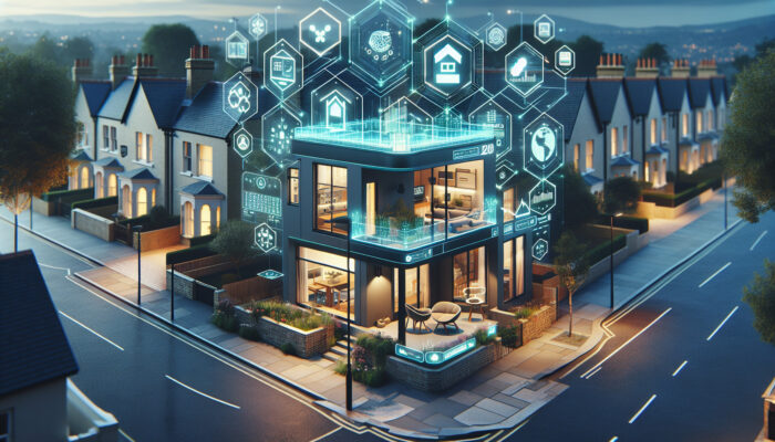 A futuristic UK home using digital interfaces for remote, eco-friendly decluttering.