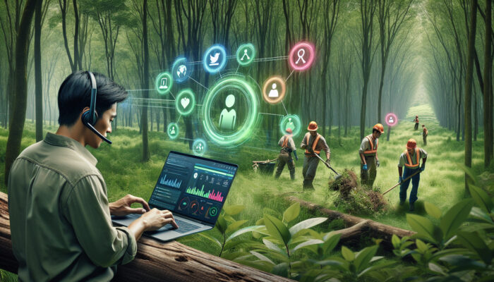 Remote worker on laptop communicating with clearing team, ensuring eco-friendly forest clearing with digital check-ins.