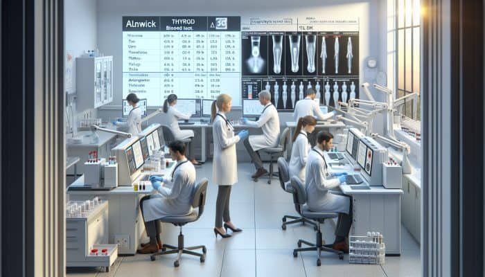 A serene medical lab in Alnwick where professionals analyze thyroid blood tests with advanced equipment and data.