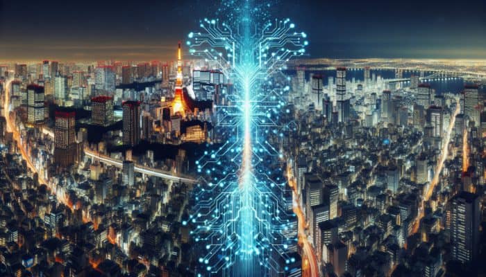 Combining Nootropics With Pre-Workouts: Tokyo and Silicon Valley skylines at night, connected by a glowing neural network symbolizing nootropics' cognitive enhancement.